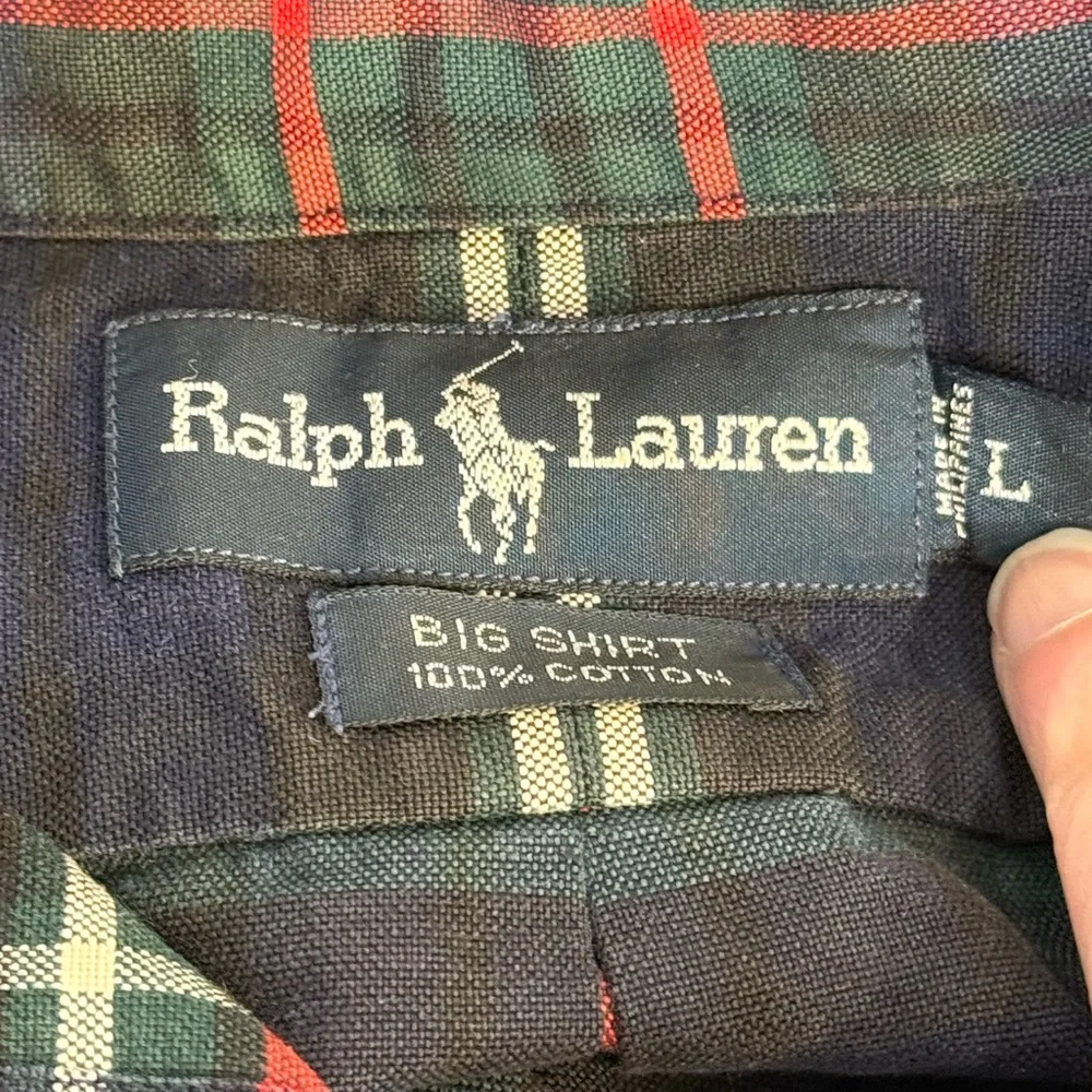 VTG Ralph Lauren BIG SHIRT Men L Navy Green Red Plaid Button Down 100% Cotton - Picture 6 of 15